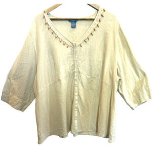 Napa Valley Resort Lagenlook Linen Top Womens Size 2X Embroidered Crochet Casual
